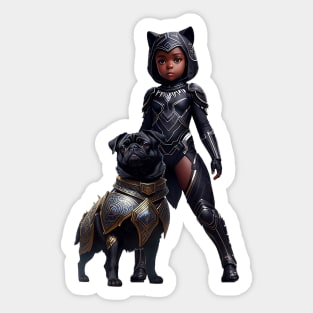 Black Pug Puppy in Gold Armor and Heroic African Princess Sticker